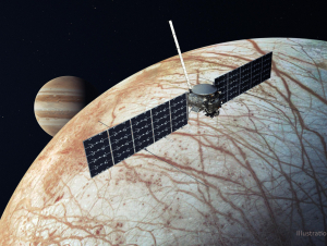 Illustration of NASA's Europa Clipper spacecraft with Jupiter and its icy moon Europa in the background (Credit: NASA/JPL-Caltech)