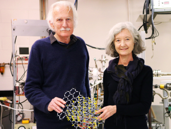 Walter de Heer and Claire Berger with a model of how computer chip material is made (Photo Jess Hunt-Ralston).jpg